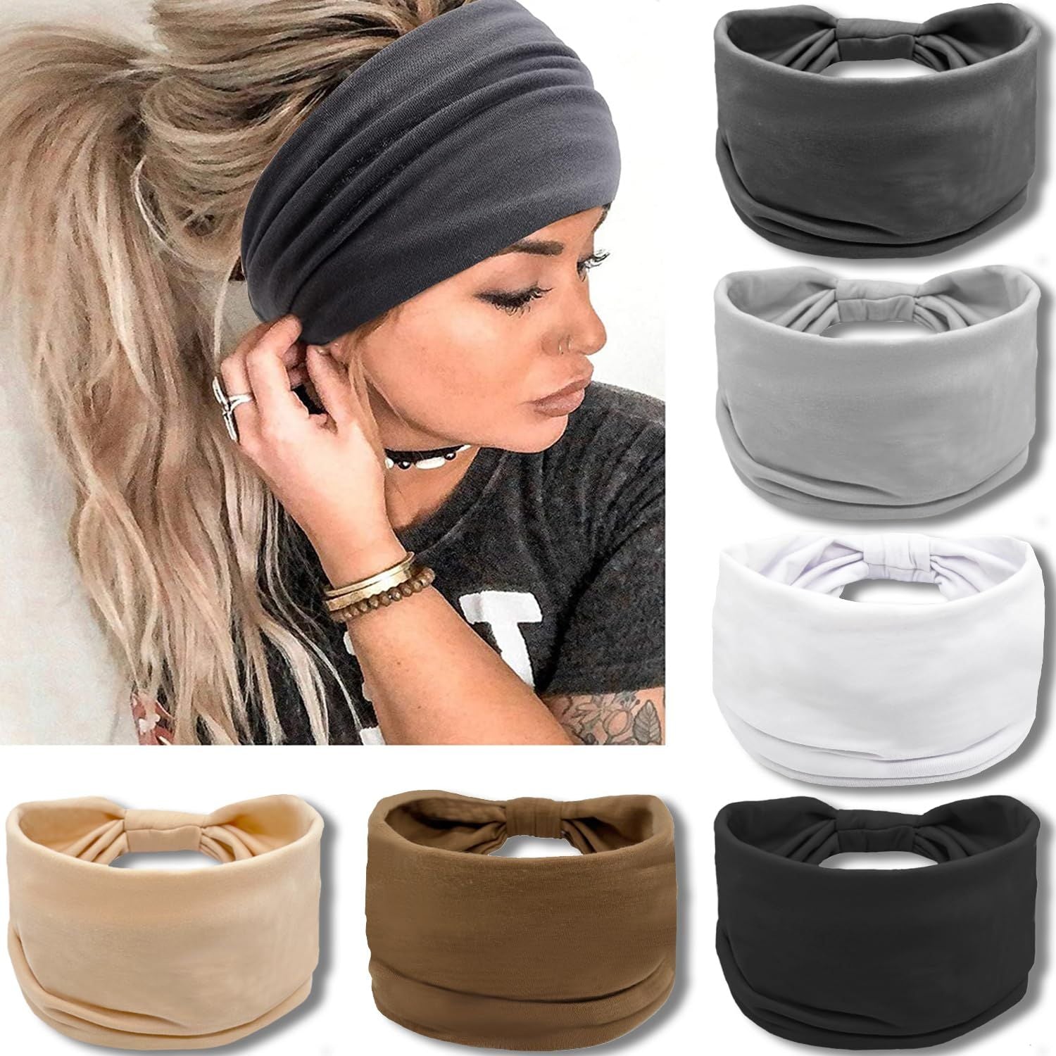 Wide Headbands or Women, Neutral Knotted Head Wraps Turbans, Large Arican Style Head Bands Hair Accessories, 6 Pack