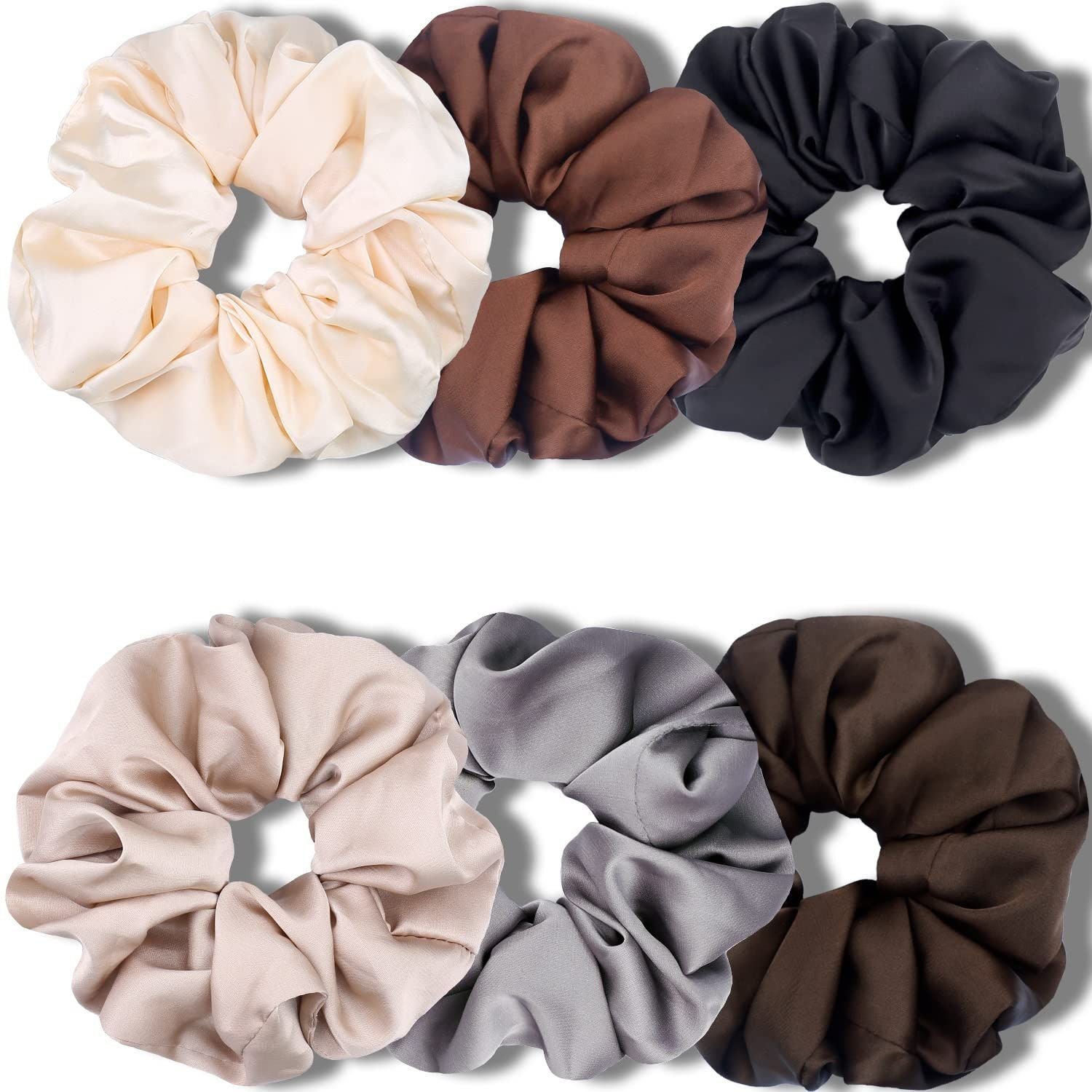 Big Scrunchies or Women Thick Hair, Premium Satin Soter than Silk, XL 6 Inch Extra Large Scrunchy Elastic Hair Bands Accessories, 6 Pack, Neutral