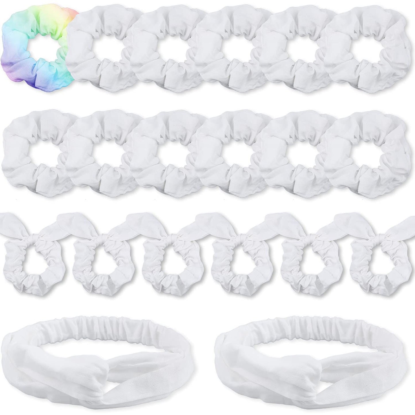 White Scrunchies or Tie Dye, DIY Cotton Bow Scrunchies, Headbands, 3 Kinds o Party Activities Hair Accessories or Girls and Women, 20 Pieces
