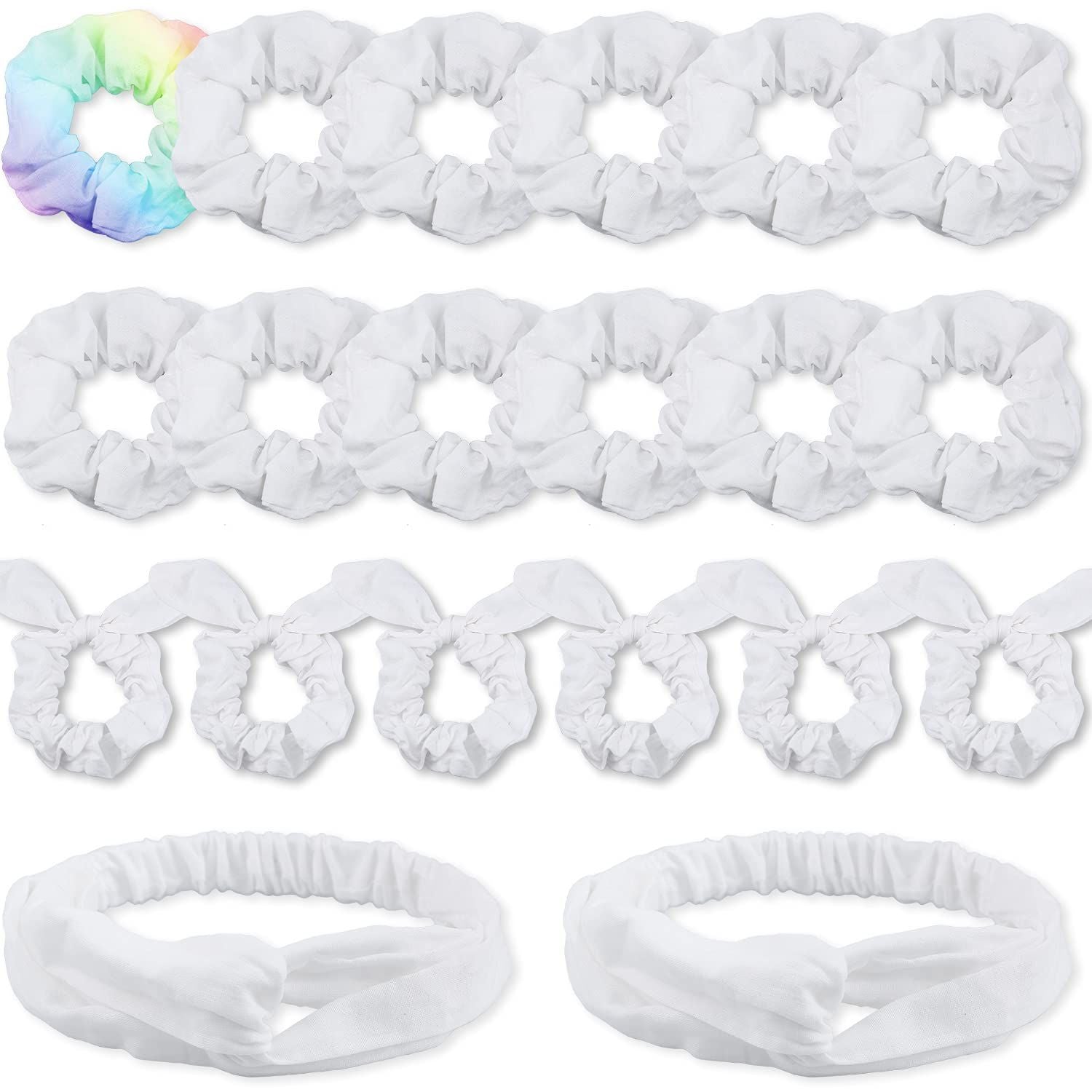 White Scrunchies or Tie Dye, DIY Cotton Bow Scrunchies, Headbands, 3 Kinds o Party Activities Hair Accessories or Girls and Women, 20 Pieces