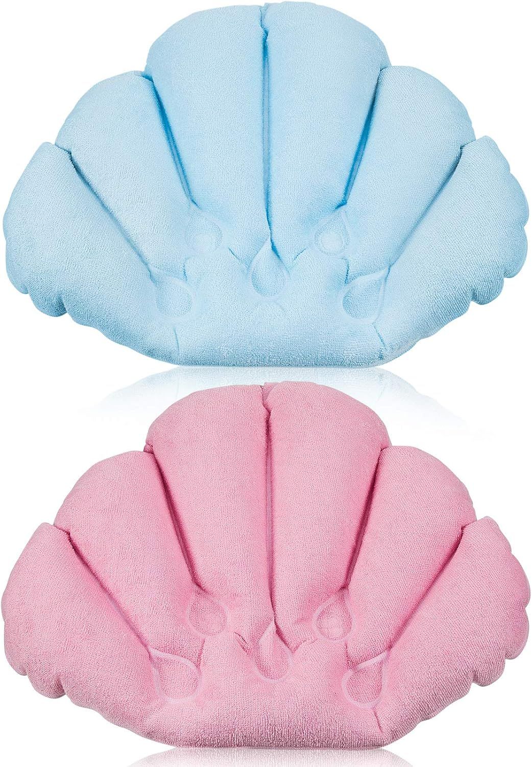 2 Pieces Inlatable Bath Pillow with Suction Cups, Terry Cloth Covered Bath Pillow Shell Shape Bathtub Spa Pillow Comortable Sot Bath Cushion, Neck Support or Bathtub, Hot Tub, Home Spa Tub
