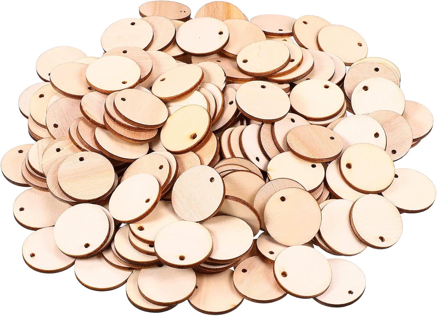 200 Pieces Uninished Blank Wood Circle Pendants Round Disc Circle Wood Pieces Round Wooden Disk with Hole Small Wooden Pendant or Crat Decoration Embellishment (Diameter 1 Inch, Aperture 0.08 Inch)