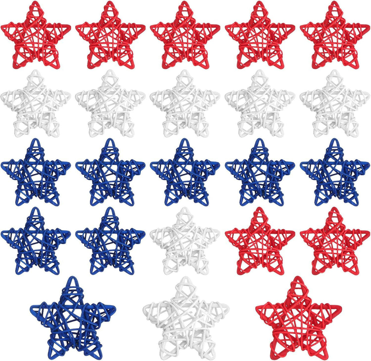 24 Pcs 4th o July Natural Rattan Stars Decoration 250th Anniversary Memorial Day Patriotic Red White Blue Wicker Rattan Stars or Vase Bowl iller Home DIY Crat Ornament Hanging Table Decor