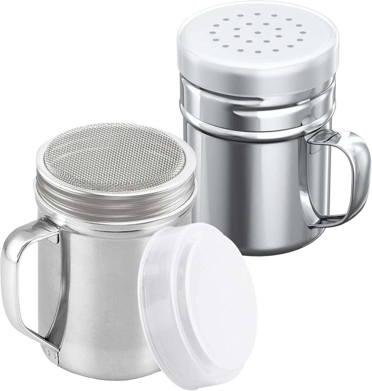 6 oz Powdered Sugar Shaker Duster + 6 oz Stainless Steel Salt Pepper Dredge Shaker - All with Plastic Caps and Handles Bundle