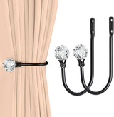 2 x Heavy Duty U Shaped Metal Curtain Holdbacks Curtain Tiebacks with Clear Crystal Ball Pull Backs Curtain Holders or Drapes (Black)