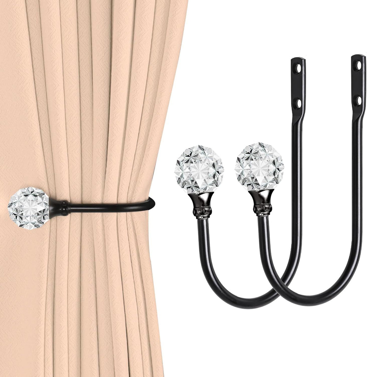 2 x Heavy Duty U Shaped Metal Curtain Holdbacks Curtain Tiebacks with Clear Crystal Ball Pull Backs Curtain Holders or Drapes (Black)