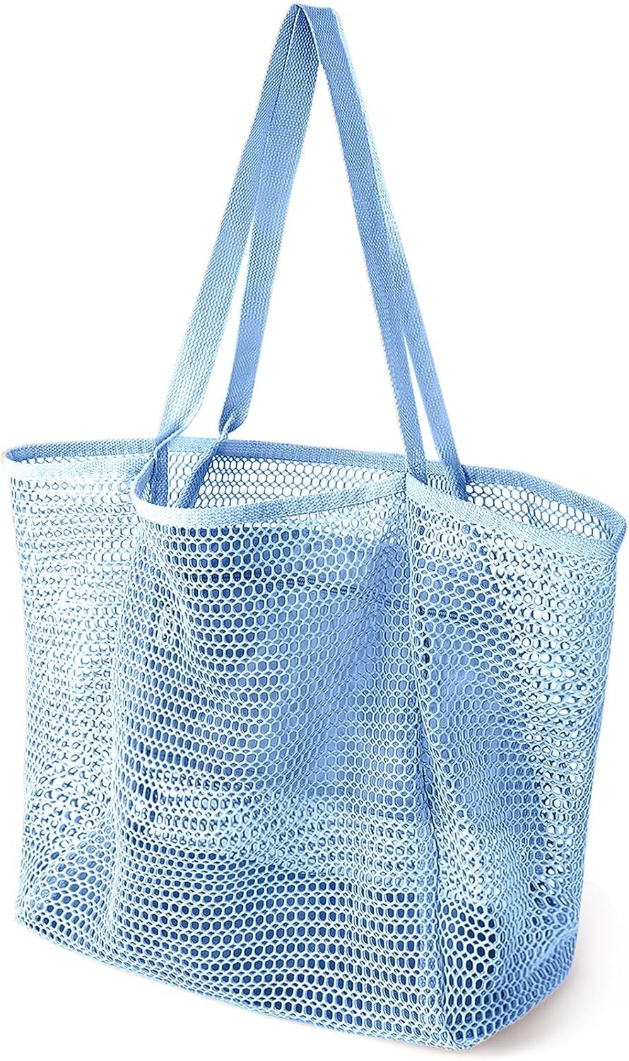 Beach Bags or Women, Summer Travel Mesh Tote Bag with Large Inner Pocket, Sandproo Woven Shoulder Handbag Swim Pool Bag, Suit or amily Vacation Essentials