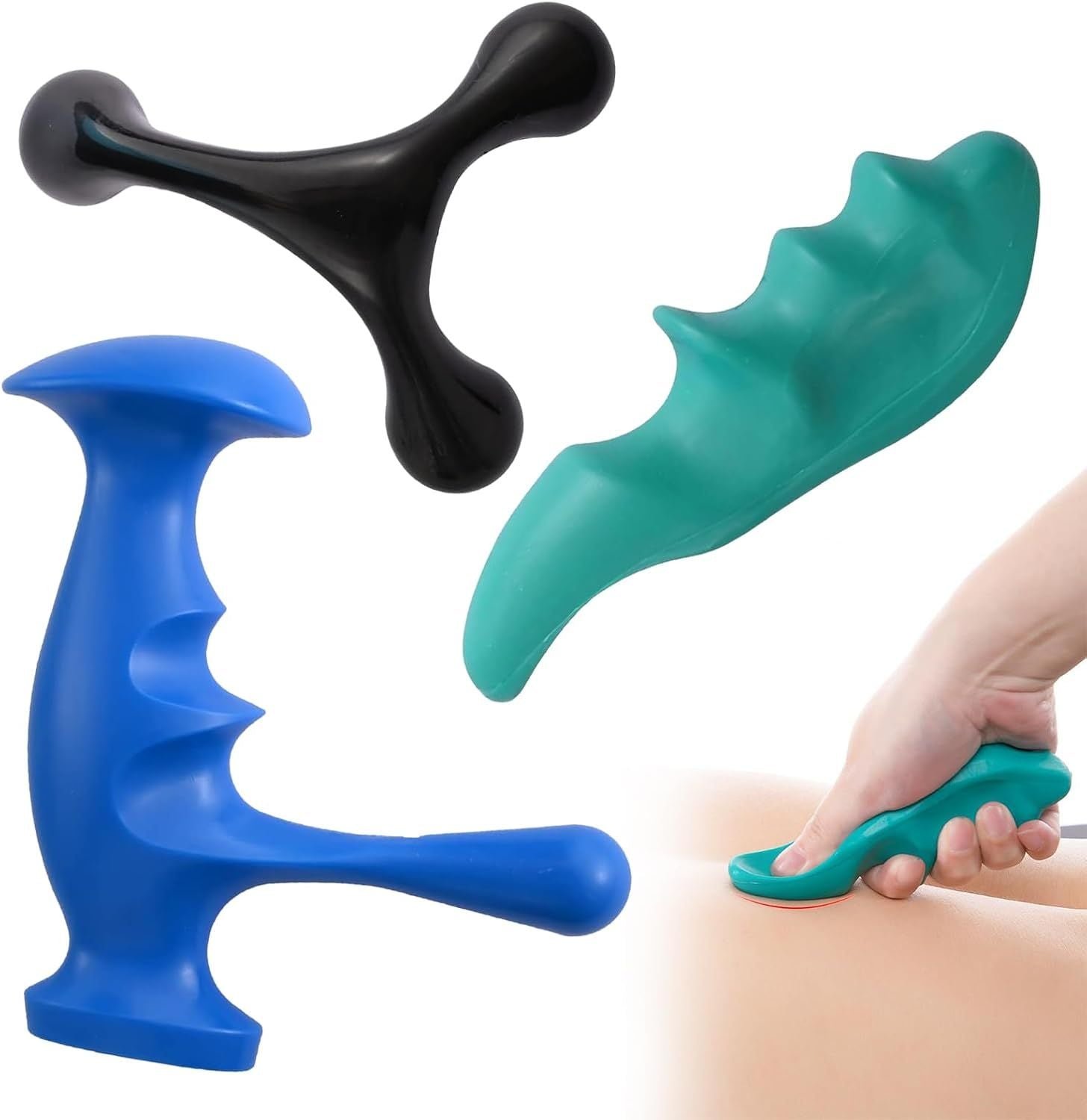 Manual Trigger Point Massage Tool and Thumb Saver or ull Body Deep Tissue Massage, Set Include 1 Green Thumb Protector Tool 1 Palm Urchin Massage Tool Hand Held 4-Legged Massage Knobs