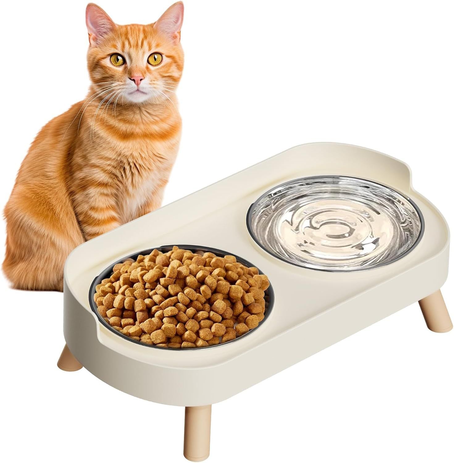 Elevated Cat Bowl, Raised Cat ood and Water Bowl Set or Indoor Cats, Splash Proo with 2 Stainless Steel Pet ood Bowls or Cats and Puppies, Whisker atigue and Dishwasher Sae - White