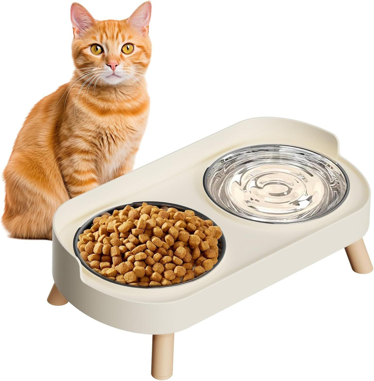 Elevated Cat Bowl, Raised Cat ood and Water Bowl Set or Indoor Cats, Splash Proo with 2 Stainless Steel Pet ood Bowls or Cats and Puppies, Whisker atigue and Dishwasher Sae - White