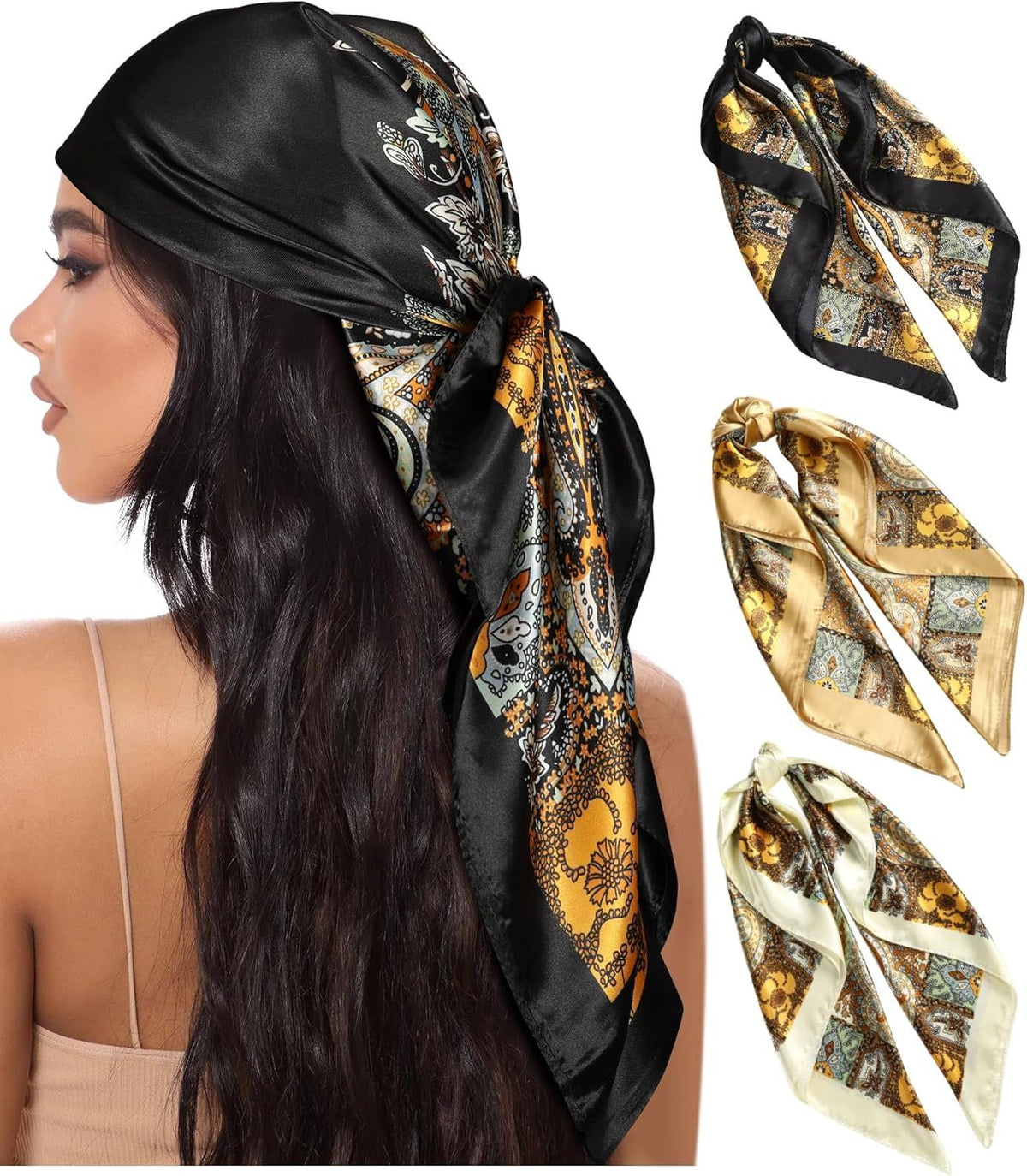 35” Large Square Satin Head Scar - 3Pcs Satin Hair Scarves Silk Bandana Scar Headscar Silk eeling Scar or Women