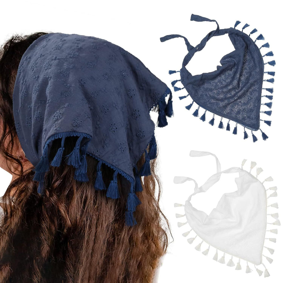 loral Tassels Hair Scar Headband - 2PCS Cotton Hair Bandana Scar With Tassels Tie Back Head Kerchie Headband or Women and Girls (Navy Blue+White)