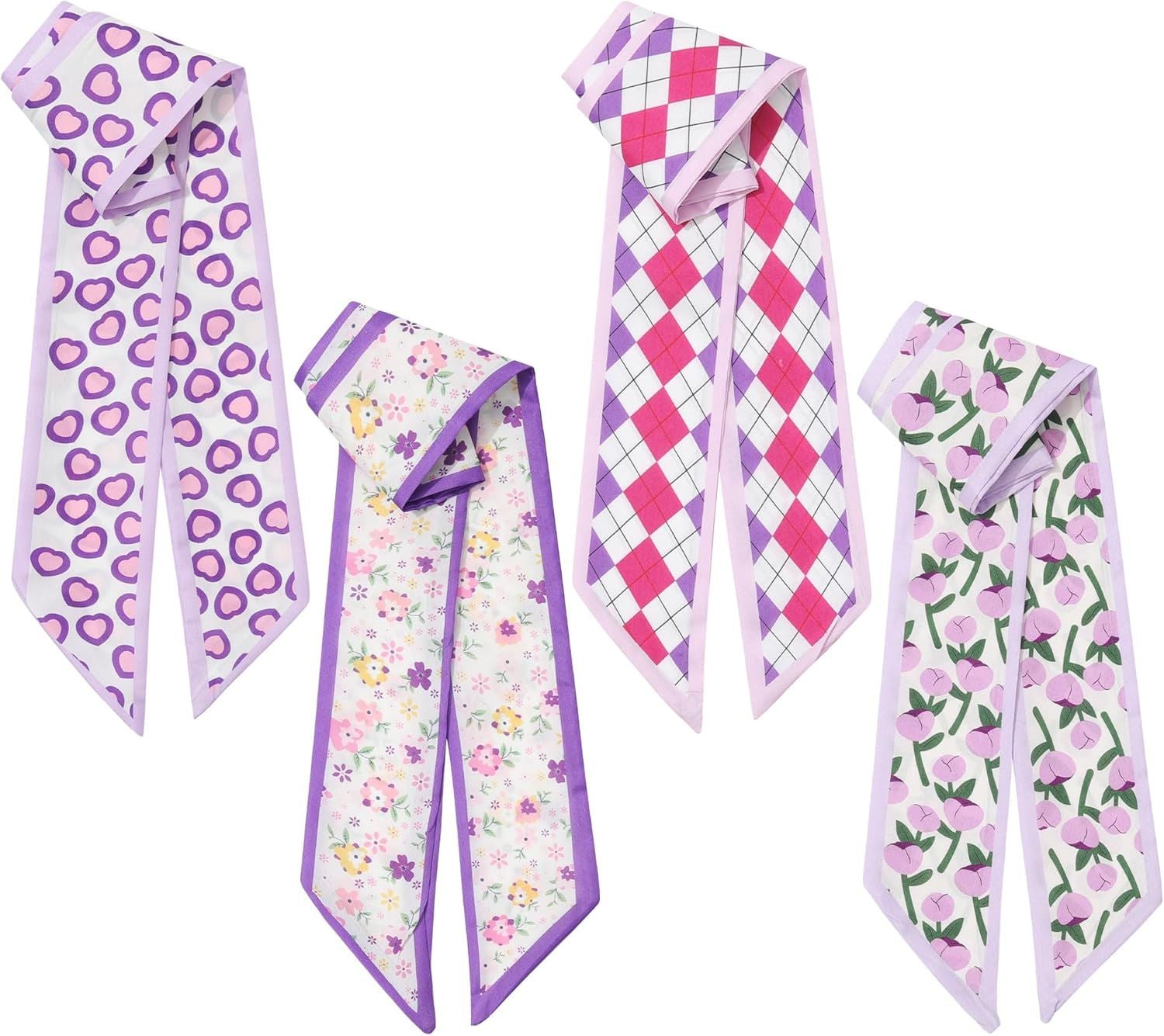 4Pcs Twilly Scar or Handbags 5.9" x 59" Silk-Like Satin Skinny Neck Scar or Purse Lightweight Headband Hair Tie