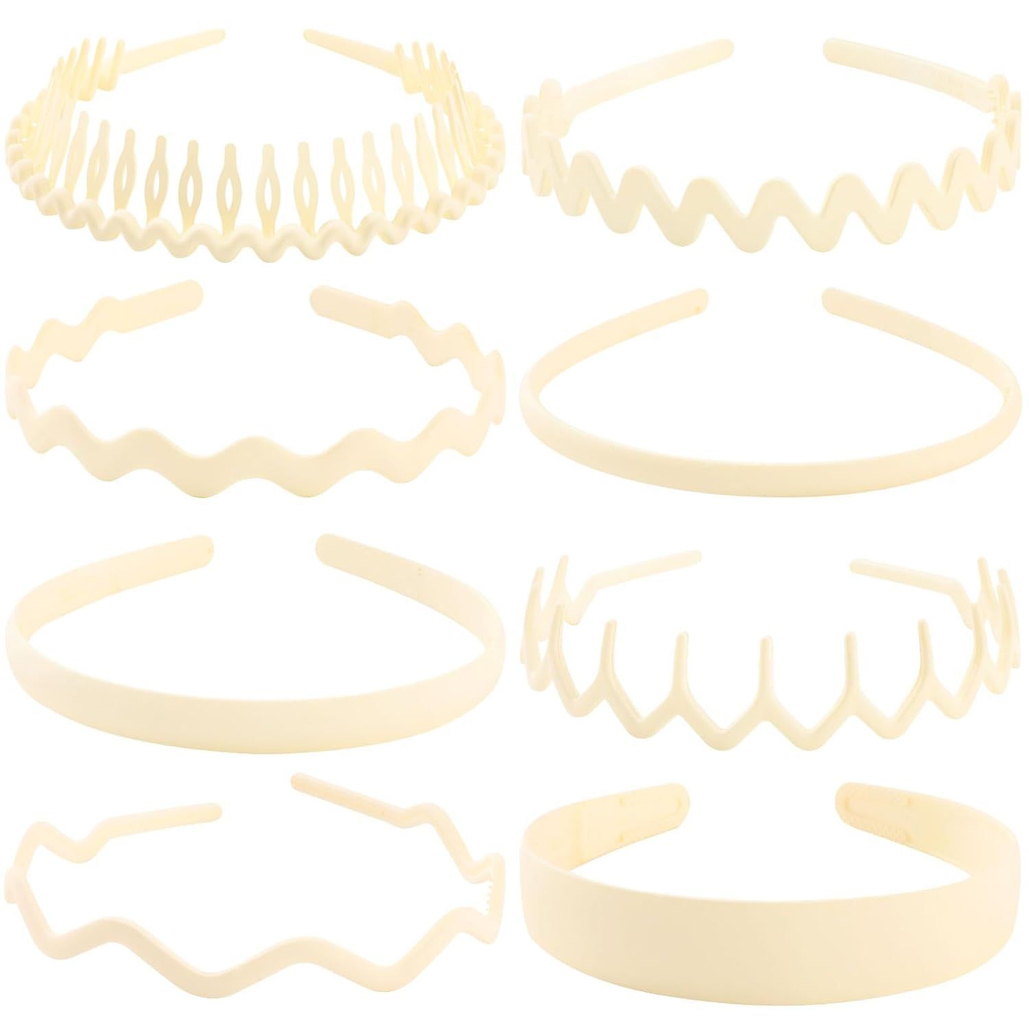 Plastic Matte Zig Zag Headbands or Women, Non Slip with Teeth, 8 Pack (Cream, One size)