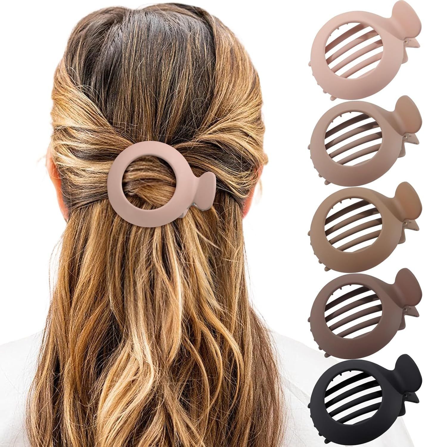 5Pcs lat Claw Hair Clips or Women with Thin & Thick hair, Non-slip Round Jaw Clamp or Lying Down Hollow Hairpin Clips (Matte Neutral, S or Thin Hair(L:3"*W:2.4")