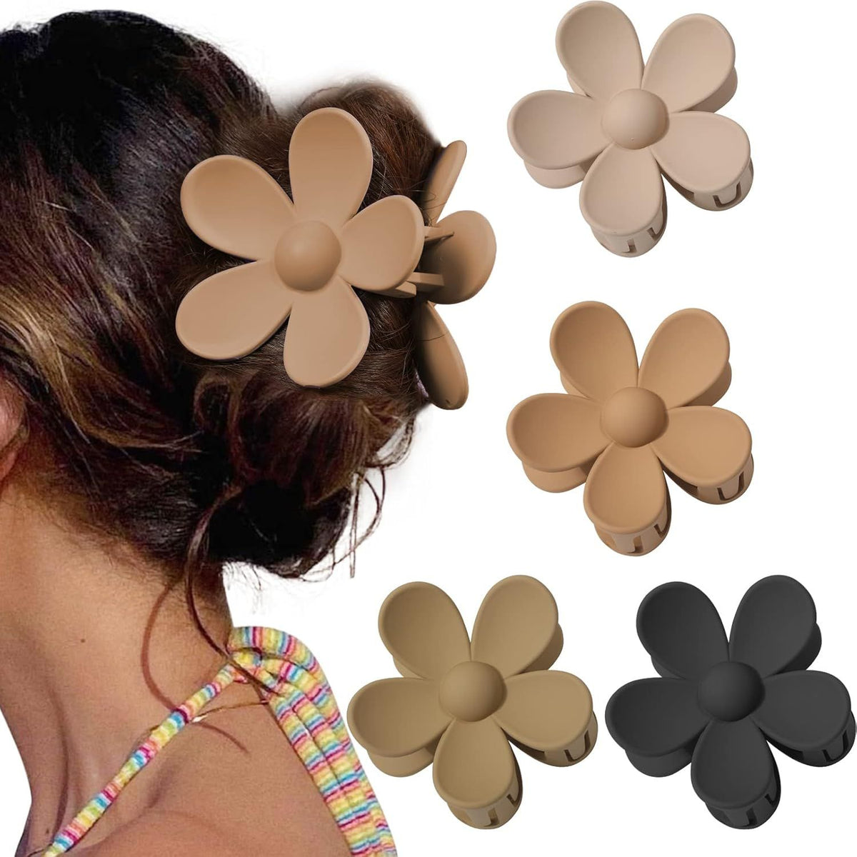 Cute Hair Claw Clips Set - 4Pcs Nonslip Strong Hold 3 Inch Matte Small lower Clips or Women and Girls (Beige, Khaki, Brown, Black)