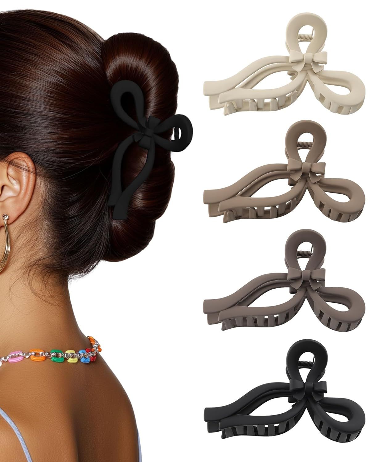 4 PCS Bow Hair Clips or Women Bow Claw Clip 4" Large Hair Claw Clips or Thick and Long Hair Cute Bows Jaw Clip (4" - Dark Apricot + Khaki + Coee + Black, 4" Larger)