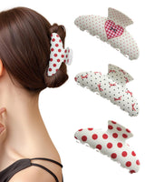 3Pcs Acrylic Hair Claw Clips or Women, Non-Slip 3.5" Banana Claw Clip, Heart Pattern, Valentine's Day Gits (Polka dot/Heart)