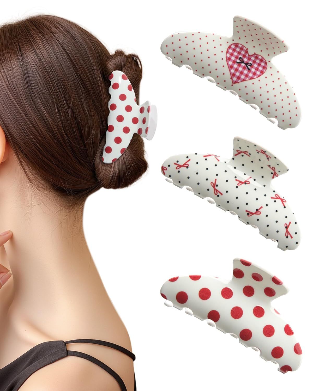 3Pcs Acrylic Hair Claw Clips or Women, Non-Slip 3.5" Banana Claw Clip, Heart Pattern, Valentine's Day Gits (Polka dot/Heart)
