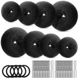 Hair Bun Maker Set- 8 PCS Hair Donuts or Buns (2 Extra-large,2 Large,2 Medium and 2 Small), 40 PCS Bobby Pins, 5 PCS Hair Elastic Ties Black,Bun Maker - Black