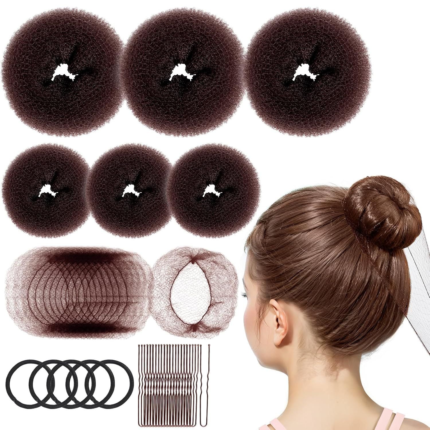6 PCS Hair Bun Makers or Kids, 10 Invisible Bun Nets or Ballet Girls, 3PCS Extra Small 3PCS Small Donut Buns or Hair Kids, Bun Makers Hair Nets or Buns with 5 Elastics 20 Pins (Brown)
