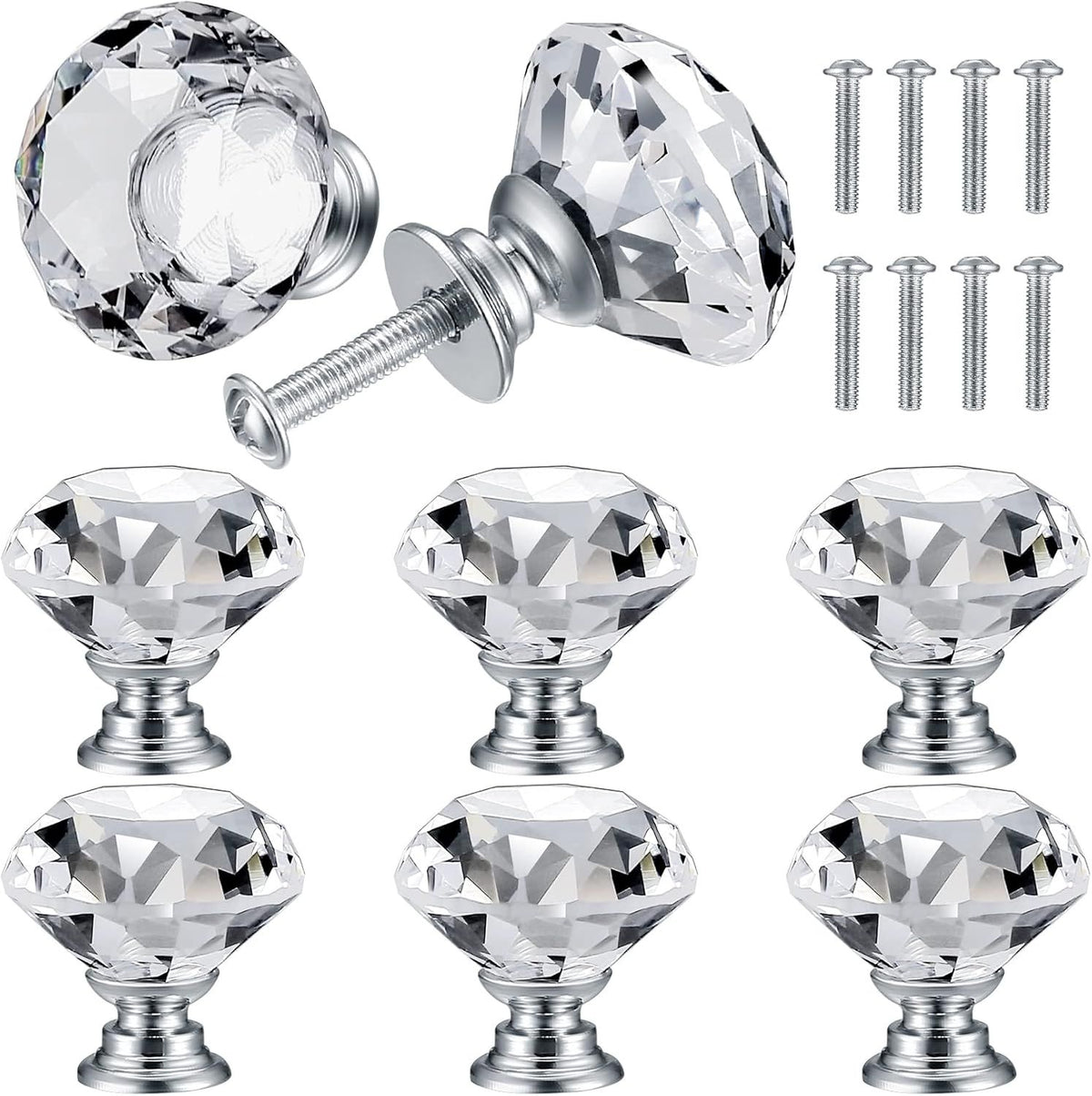 8 Pcs Crystal Cabinet Knobs, Decorative Diamond Shape Crystal Glass Dresser Knobs or Dresser Drawers Cupboard Wardrobe urniture Cabinet Pulls Handles Kitchen Bathroom Bedroom Knob(Silver, 30mm)