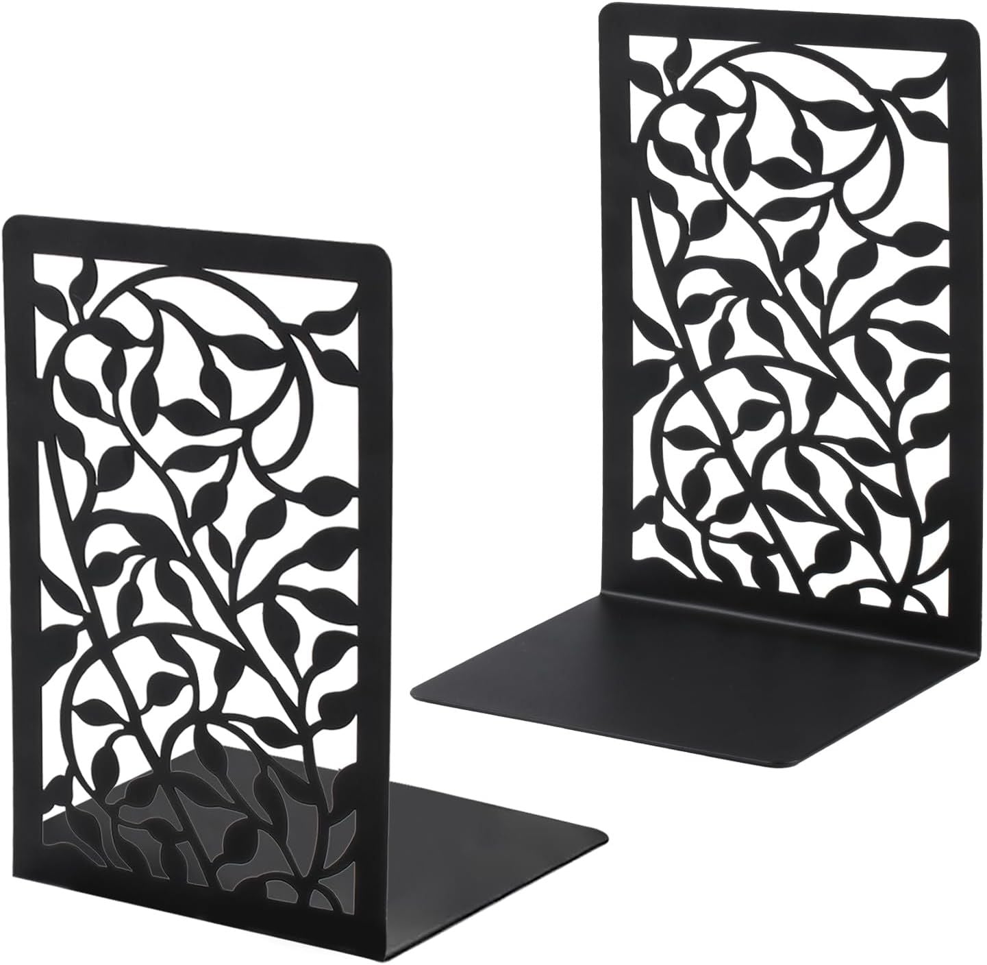 Black metal bookends shaped like hollow trees.