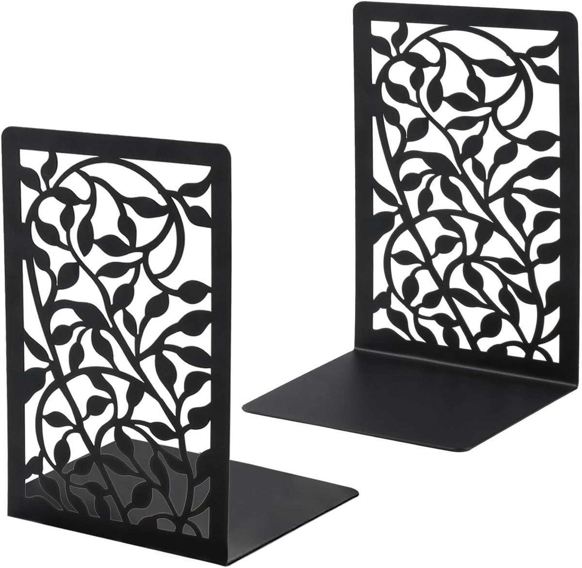 Black metal bookends shaped like hollow trees.