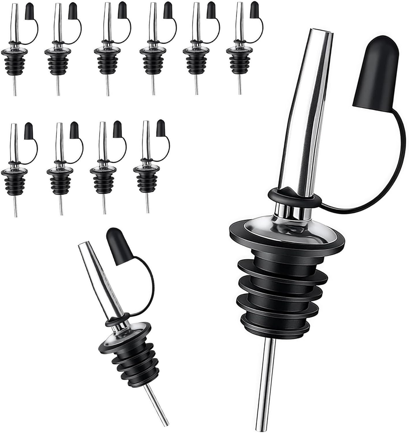 12 Pack Leak-Proo Dust Cap Wine Pourers,Stainless Steel Bottle Pourers or Alcohol, Olive Oil & Syrups- ast, Controlled Pouring,Bar & Home Kitchen Accessories