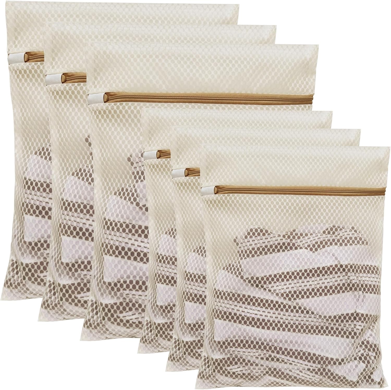 6 Pack Laundry Bag, Durable Honeycomb Mesh Laundry Bags Suitable for Delicate Clothes Washing (3 Large, 3 Medium) Beige