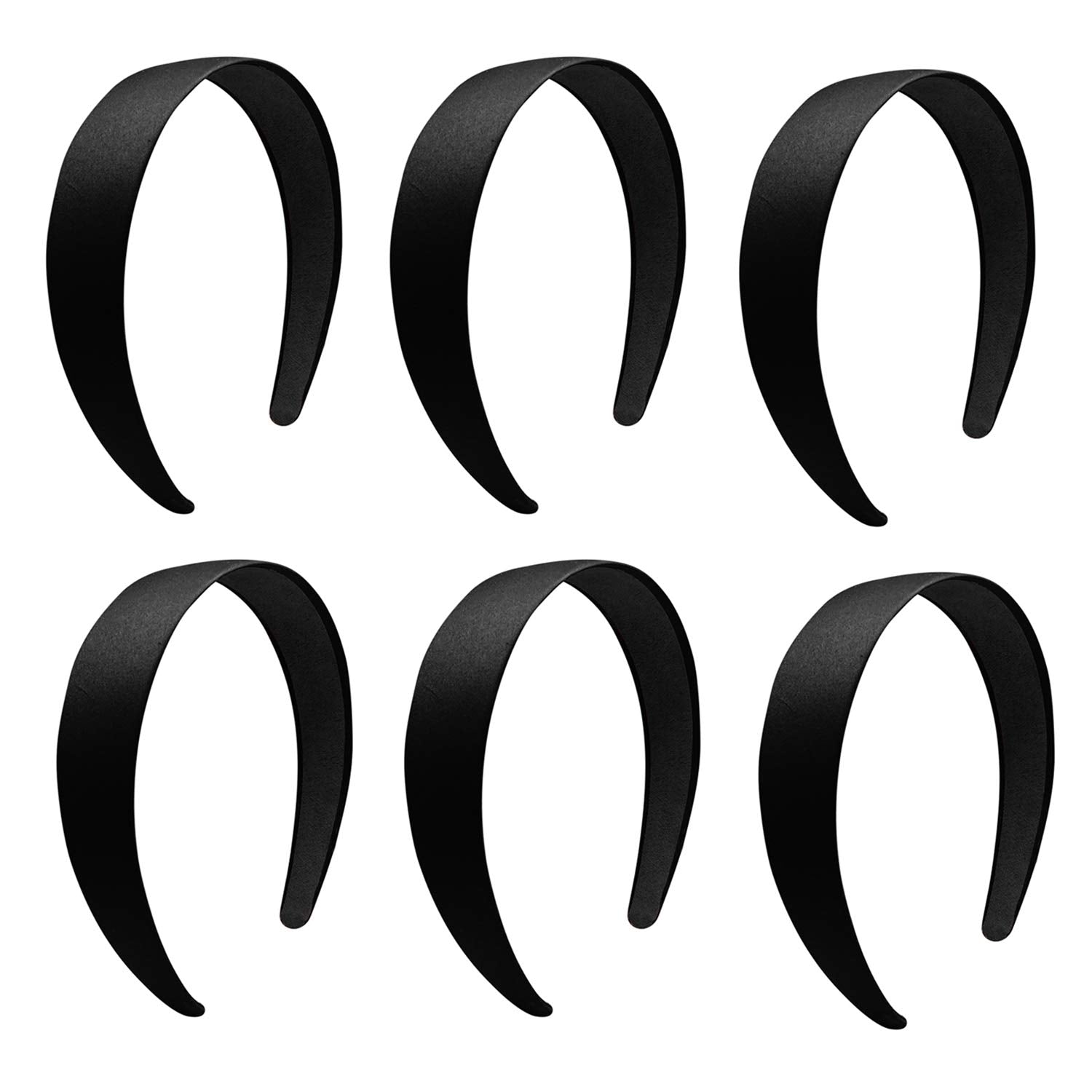BallHull 1.2 Inch Satin Headbands, Ladies and Girls Antiskid Hard Hair Bands, DIY Hair Headbands, 6 Pcs Black.
