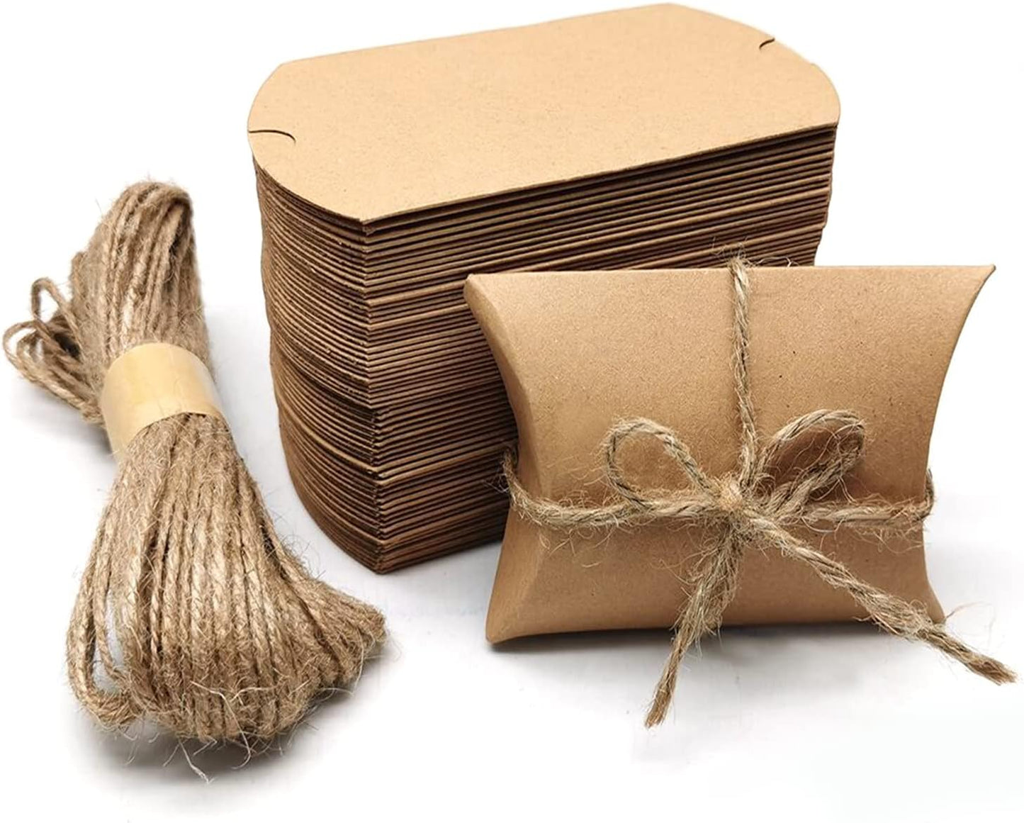 BallHull Kraft Paper Pillow Candy Box, Foldable Gift Box with Jute Rope for Weddings, Parties, Birthdays, Holidays, 60 Pcs