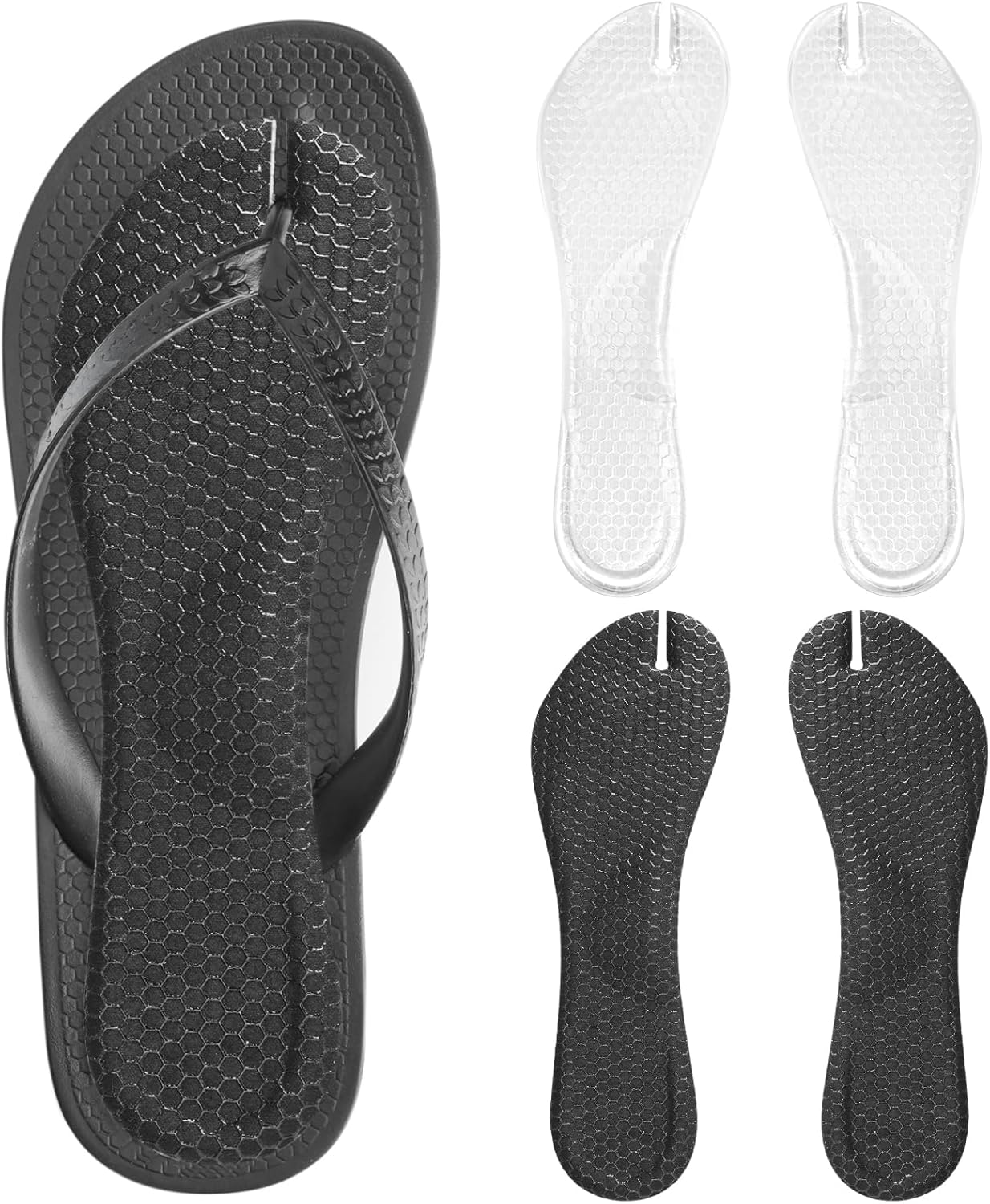 (2 Pairs) Flip Flop Insoles Arch Support, Gel Cushion Insoles for Thong Sandals, Self-Adhesive, Clear+Black, L for Women 8-11