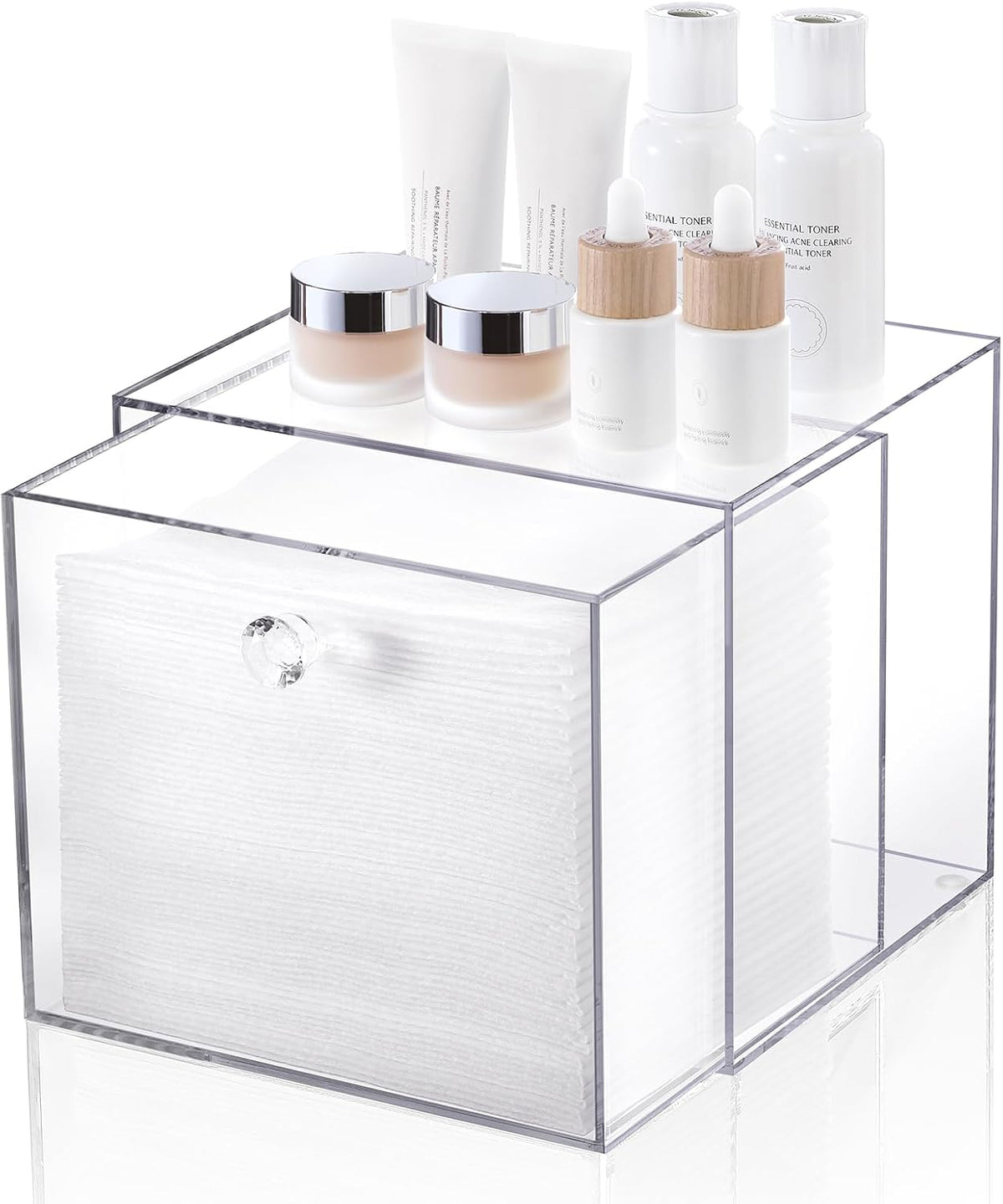 Disposable Face Towel Container Box Compatible with Clean Skin Club Clean Towel XL, AcrylicTowel Storage Bin with Drawer, Makeup Organizer stackable holder, Ideal for Vanity, Bathroom Organization