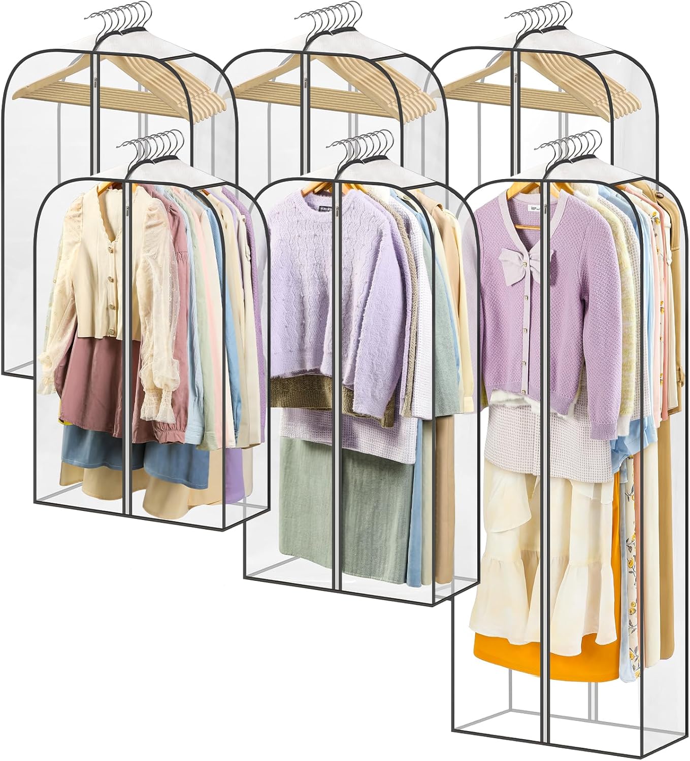 LANDNEOO 6 Pack Clear Garment Bags for Hanging Clothes with Zippers on Double Sides - 10'' Clothes Storage for Coat, Dress, and Fur in Closet - 32&40&60" Long Suit Bags