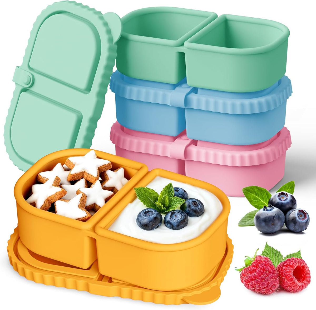 YQL 4 Pack Silicone Snack Containers with Leakproof Lids, Double-Compartment Bento Boxes for Kids & Adults, Reusable Food Storage for Snacks, Sauces, Lunch, Travel, and Meal Prep