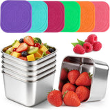 YQL 6-Pack 6oz Square Stainless Steel Snack Containers – Leakproof Metal Food Storage with Colorful Silicone Lids, Reusable Small Boxes for Travel & Meal Prep