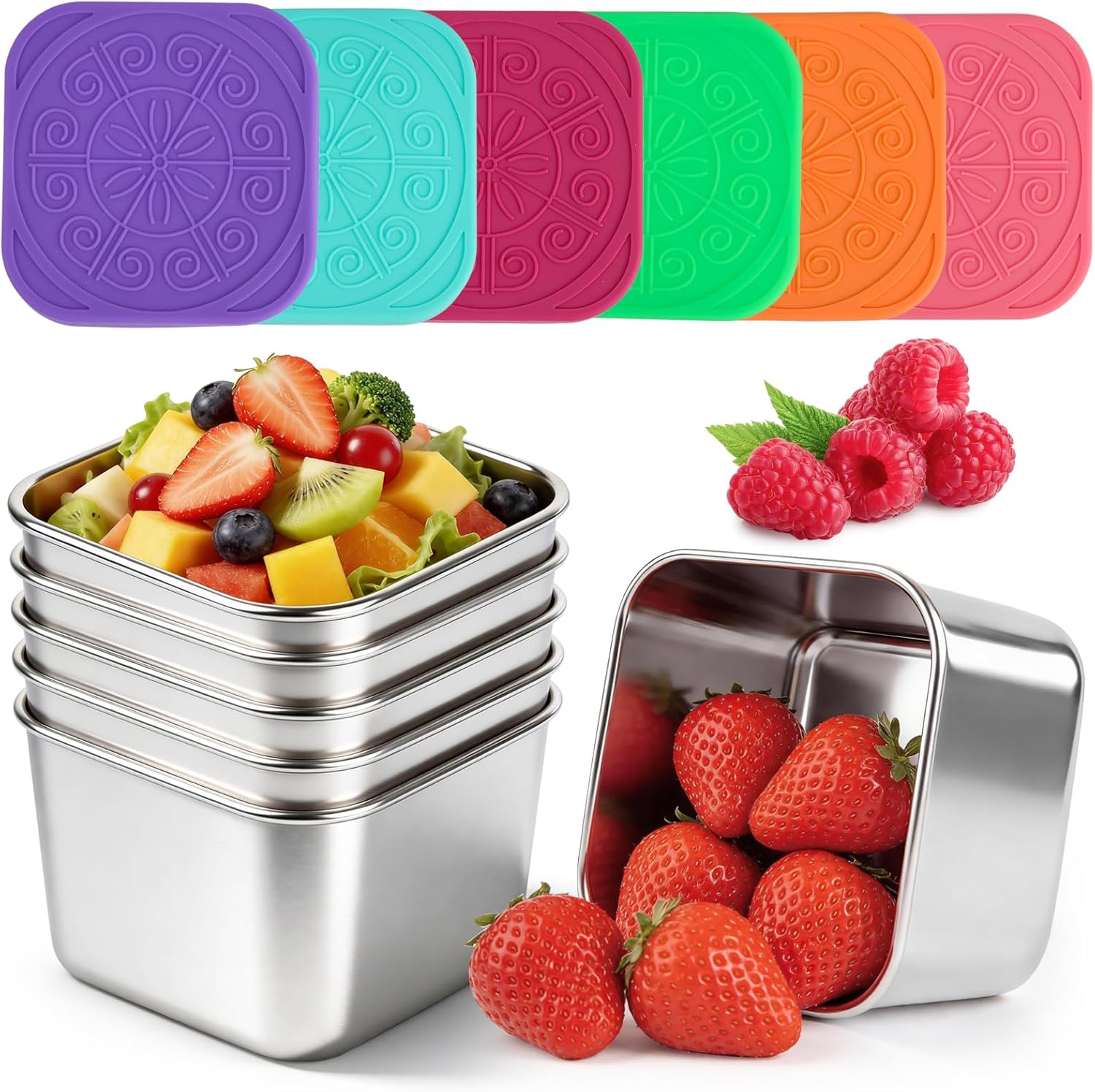 YQL 6-Pack 6oz Square Stainless Steel Snack Containers – Leakproof Metal Food Storage with Colorful Silicone Lids, Reusable Small Boxes for Travel & Meal Prep