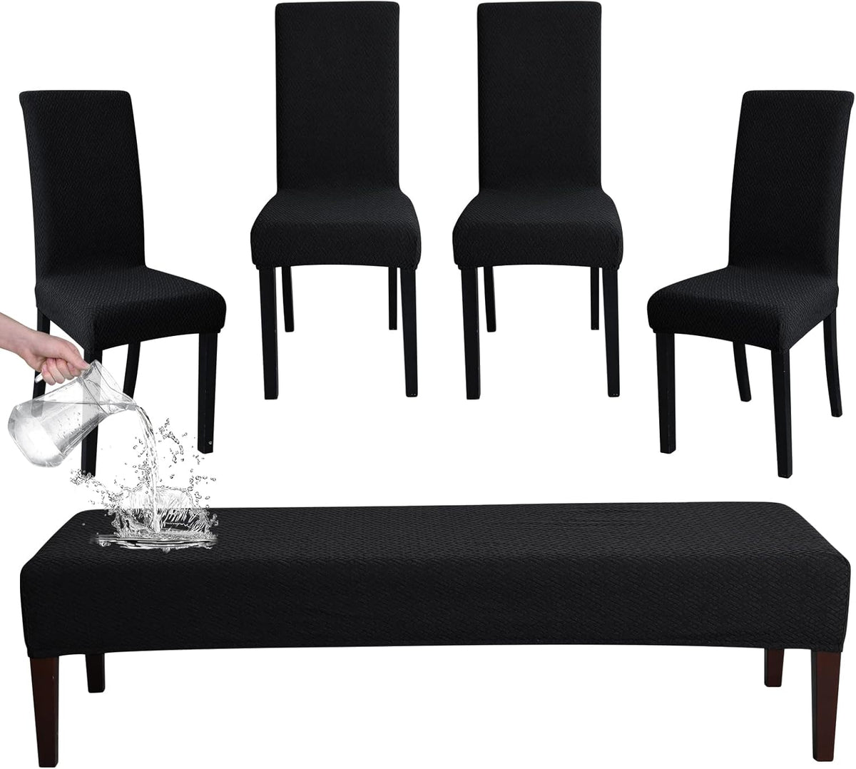 FORCHEER Dining Chair Covers and Bench Covers Set Waterproof Black Jacquard 4 Dining Room Chair and Bench Slipcover Washable