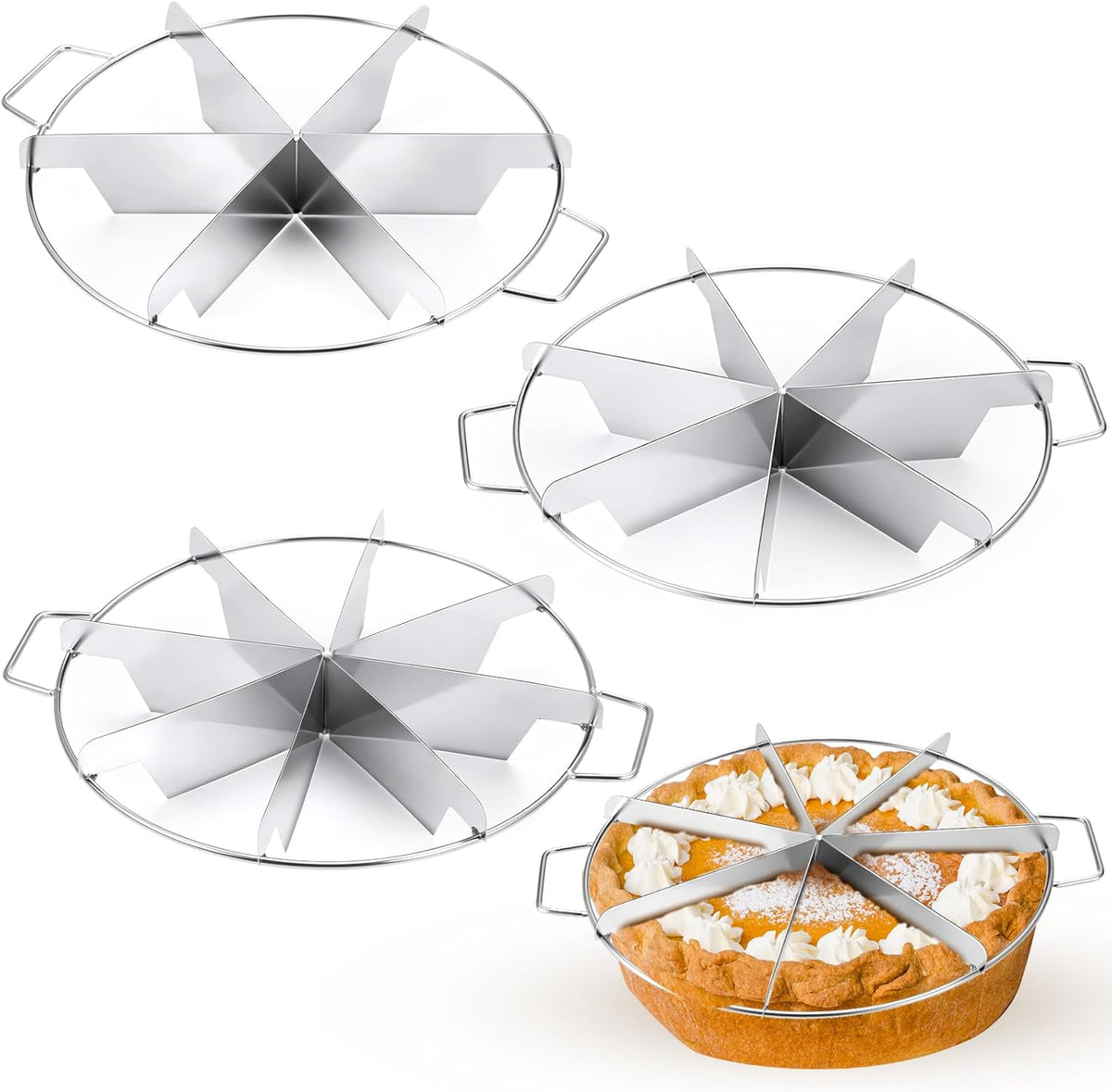 3 Pieces 8-cut, 7-cut and 6-cut Pie Cutter 10.6 Inches Diameter Stainless Steel Pie Slicer Rust Proof Cake Divider with Side Handle Pie Cutter Press for Commercial Home