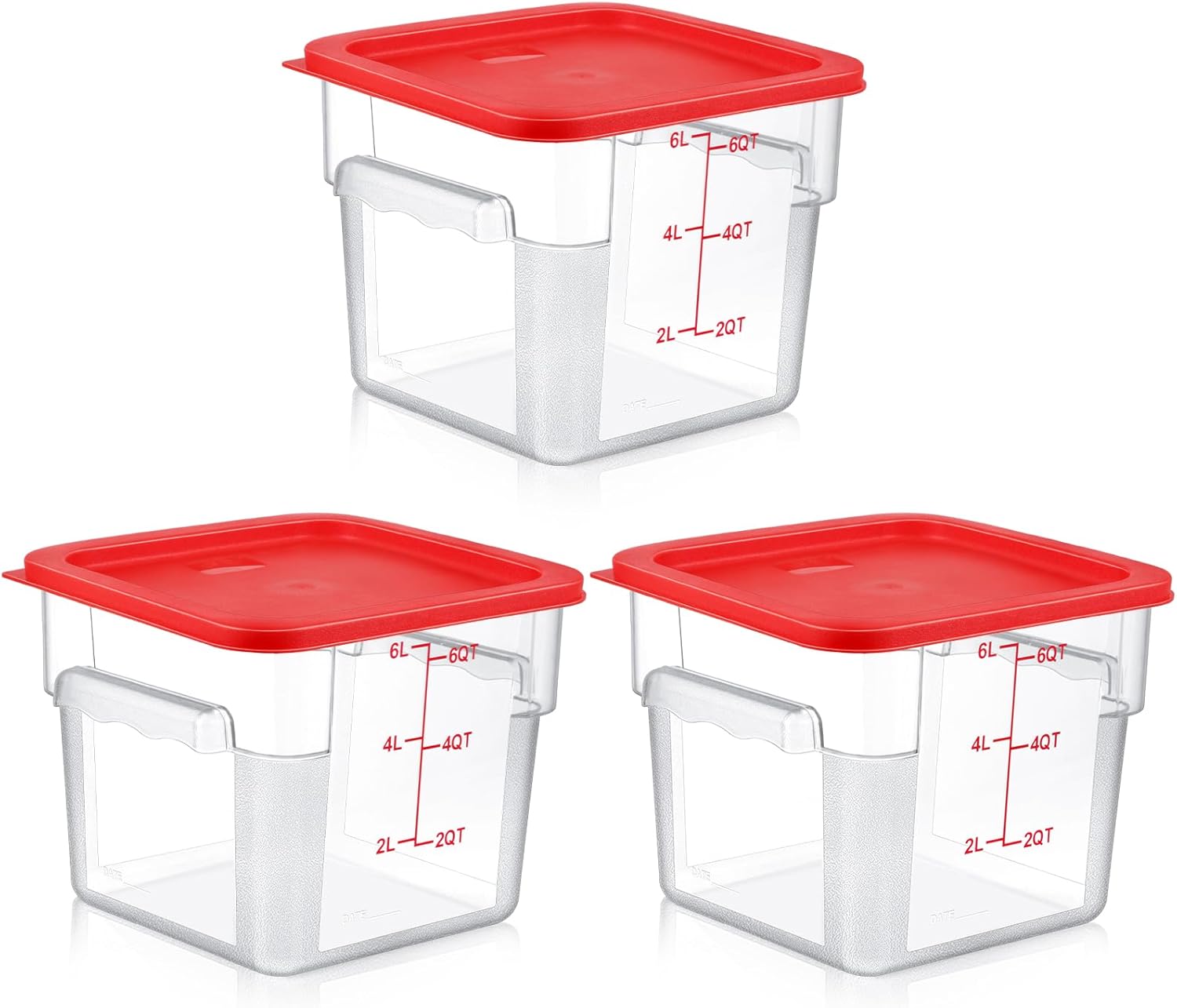 3 Sets 6 Qt Square Food Storage Containers with Lids Dough Proofing Bucket Commercial Polycarbonate Containers with Scale Clear Airtight Cereal for Pantry Home Restaurant (Red)