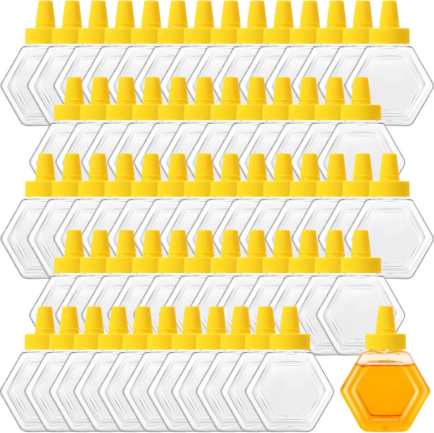 64 Pcs 7 oz Honey Squeeze Bottle Plastic Empty Beehive Bottle Jar with Spout Lid Clear Refillable Honey Containers for Condiment Storing and Dispensing Dispenser (Hexagon)
