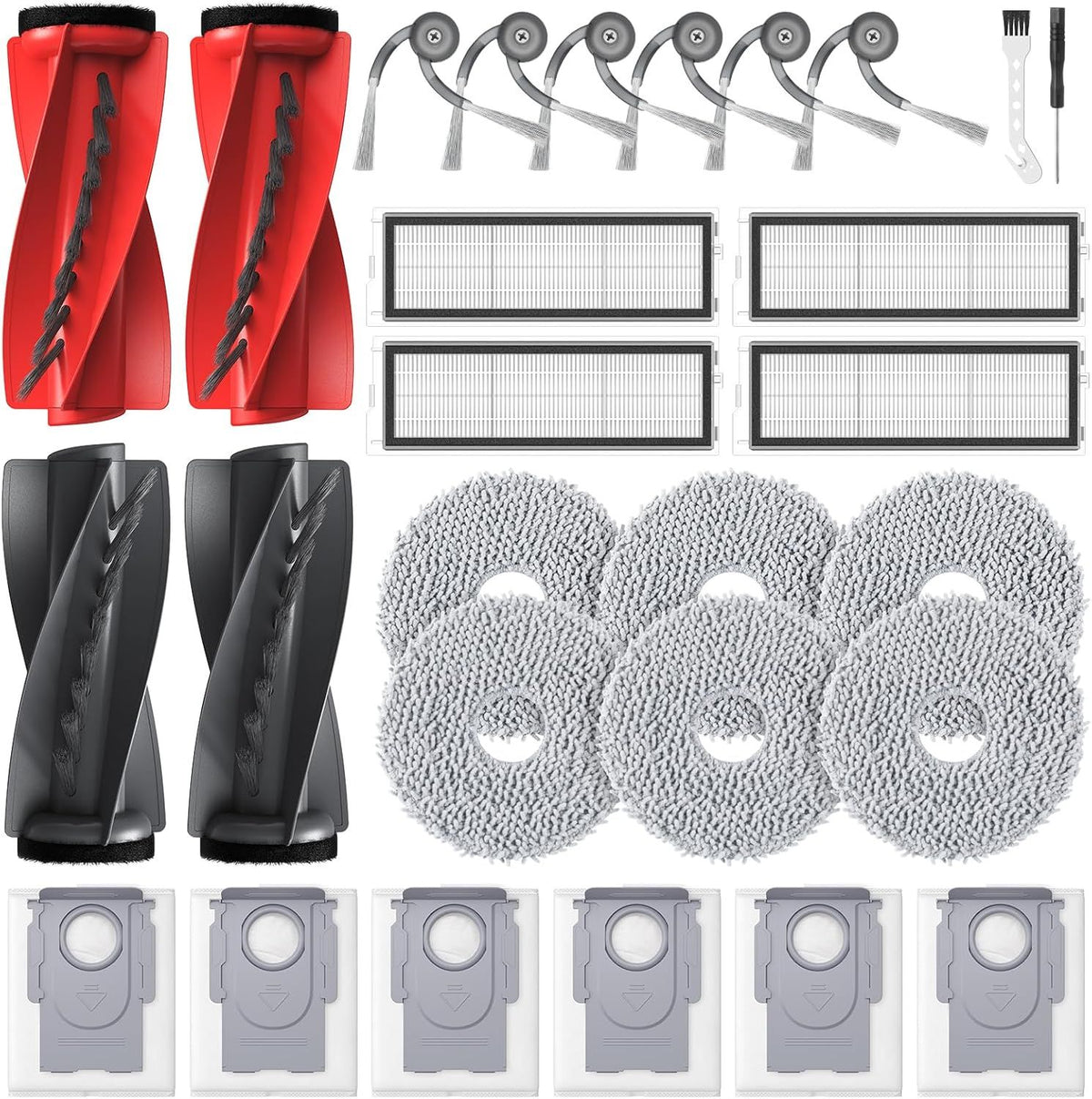 Qrevo S5V Replacement Parts or  Qrevo S5V / Curv/Edge/Edge S5A / Curv S5X, Accessories include 2*Set Main Brush, 6*Mop Pads, 6*Vacuum Bags, 4*Hepa ilters, 6*Side Brush, 2*Cleaning Tool