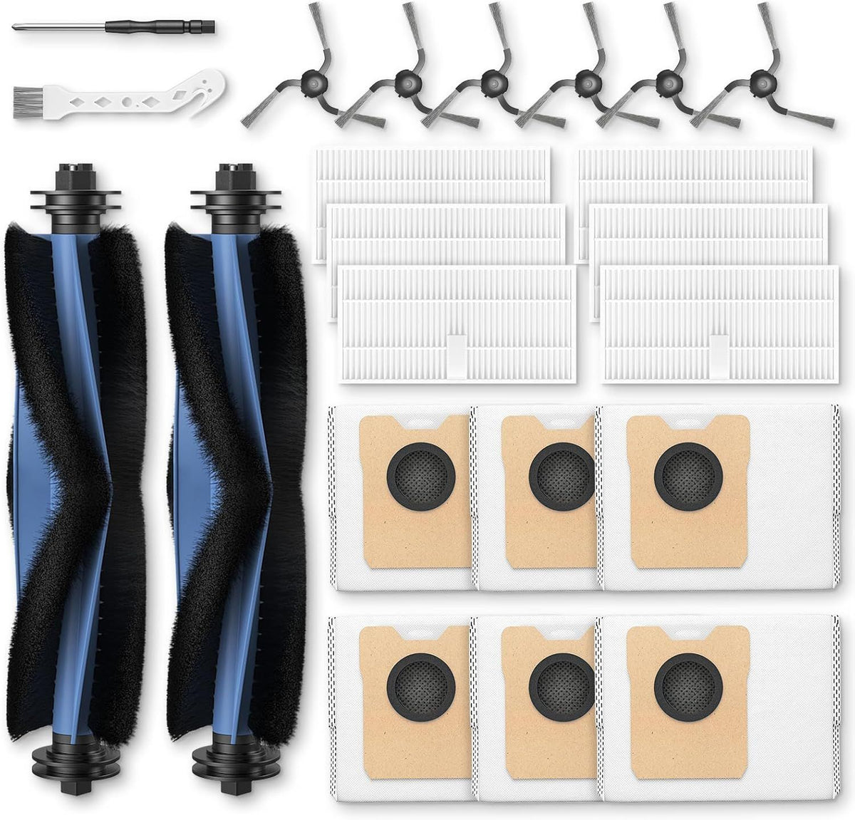 C10 Accessories or euy C10 Robot Vacuum, 22 Pack Replacement Parts Include: 2* Main Rolling Brush, 6* Washable ilter, 6* Side Brush, 6* Dust Bag, 2* Cleaning Tool