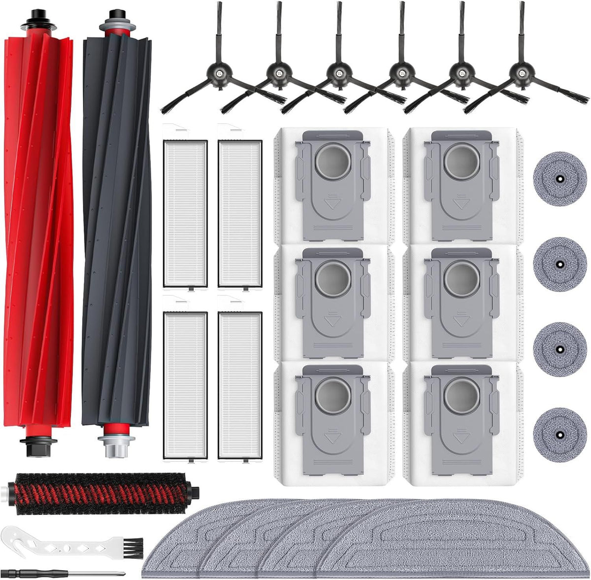 29 Pack S8 MaxV Ultra Accessories Kit or  S8 Maxv Ultra Robot Vacuum Cleaner, 1 Set Main Roller Brush,4 HEPA ilters,6 Side Brushs,6 Dust Bag,4 Mop Pads,4 Edge Mop Clothes,1 Cleaning Brush