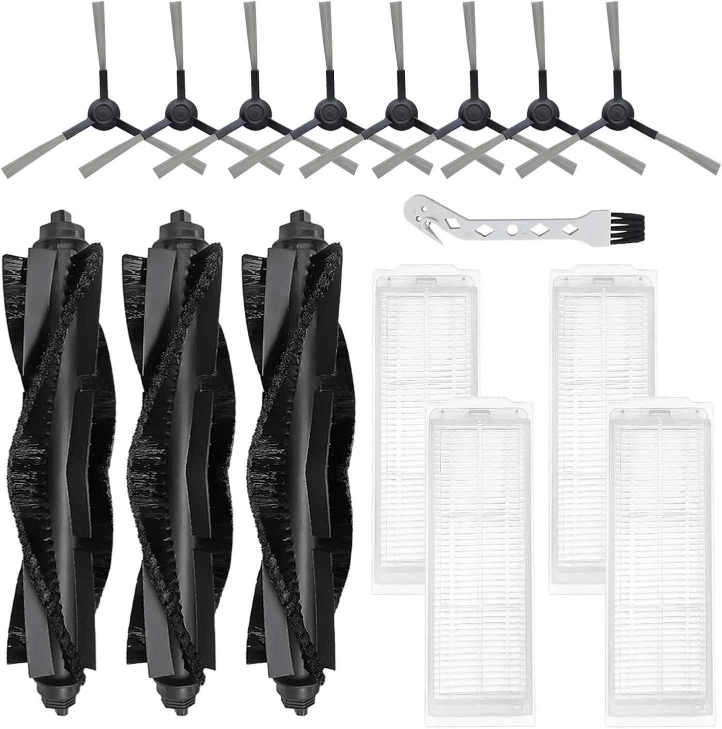 WVCR200S Replacement Parts or WYZE Robot Vacuum Cleaner WVCR200S Spare Accessories, 3 Main Roller Brush, 8 Side Brushes, 4 Hepa ilters, 1 Cleaning Tool
