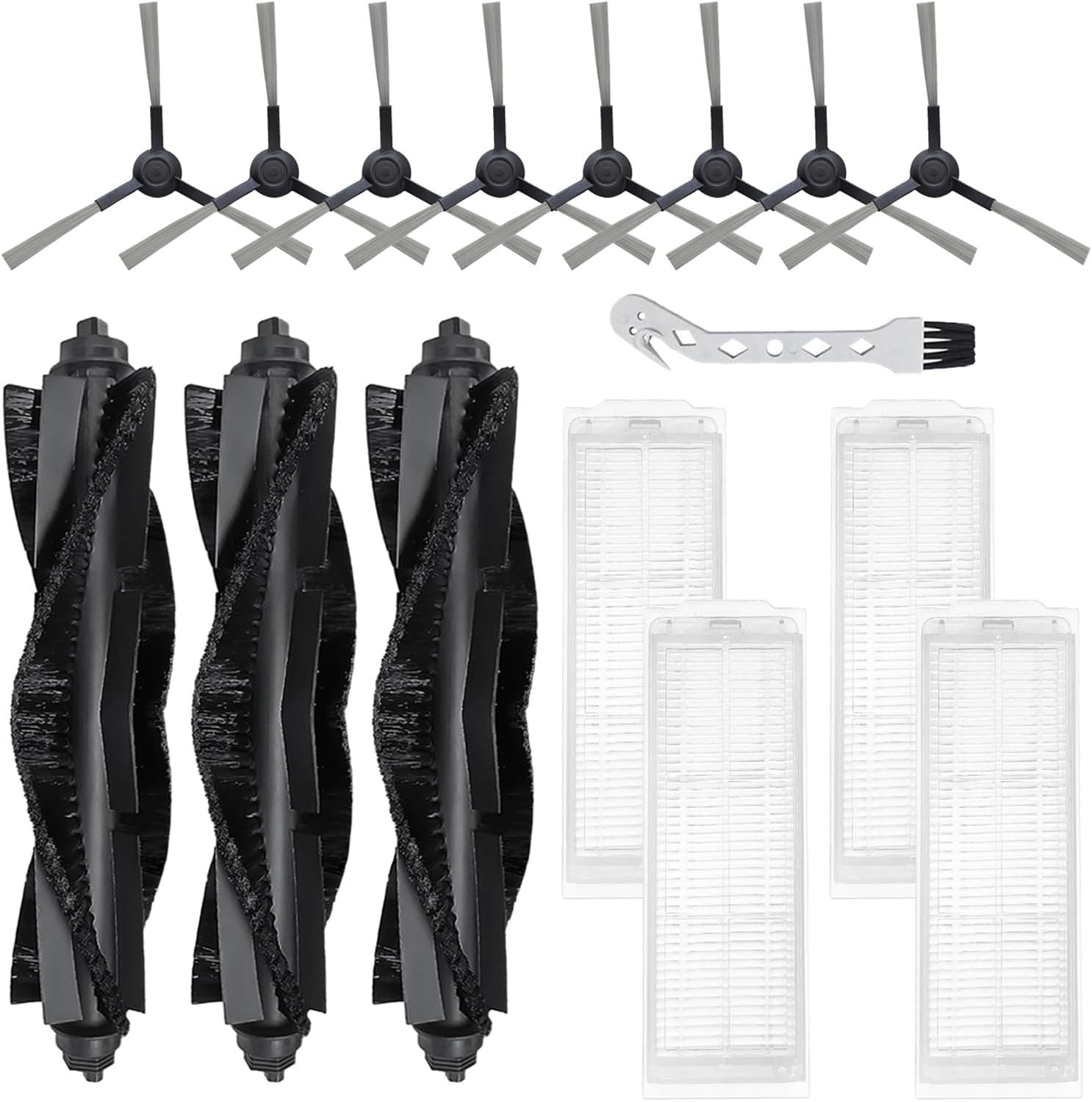 WVCR200S Replacement Parts or WYZE Robot Vacuum Cleaner WVCR200S Spare Accessories, 3 Main Roller Brush, 8 Side Brushes, 4 Hepa ilters, 1 Cleaning Tool