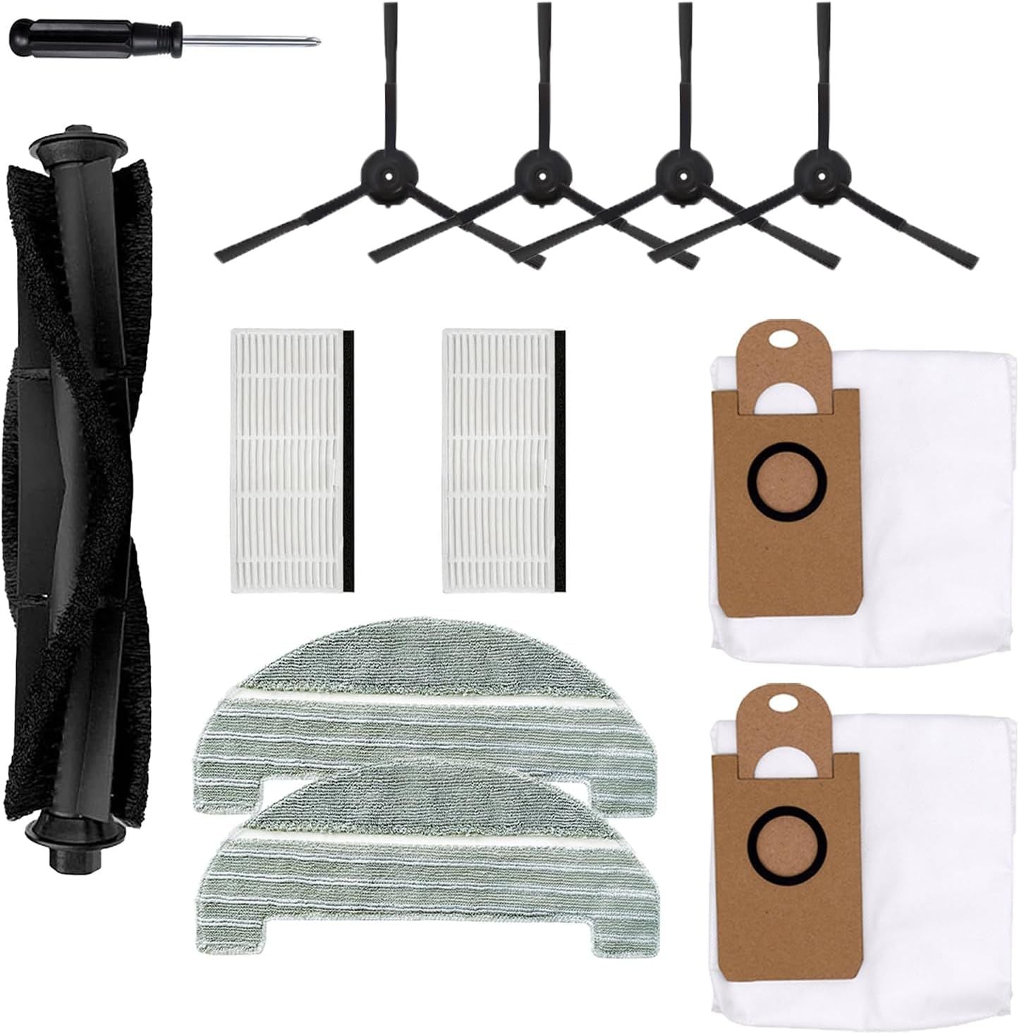 11Pcs iHRV6-BLK Replacement Parts or iHome AutoVac Nova Sel Empty Robot Vacuum Cleaner Spare Accessories, 1 Main Roller Brush,4 Side Brushes, 2 Hepa ilters, 2 Dust Bags, 2 Mop Pads