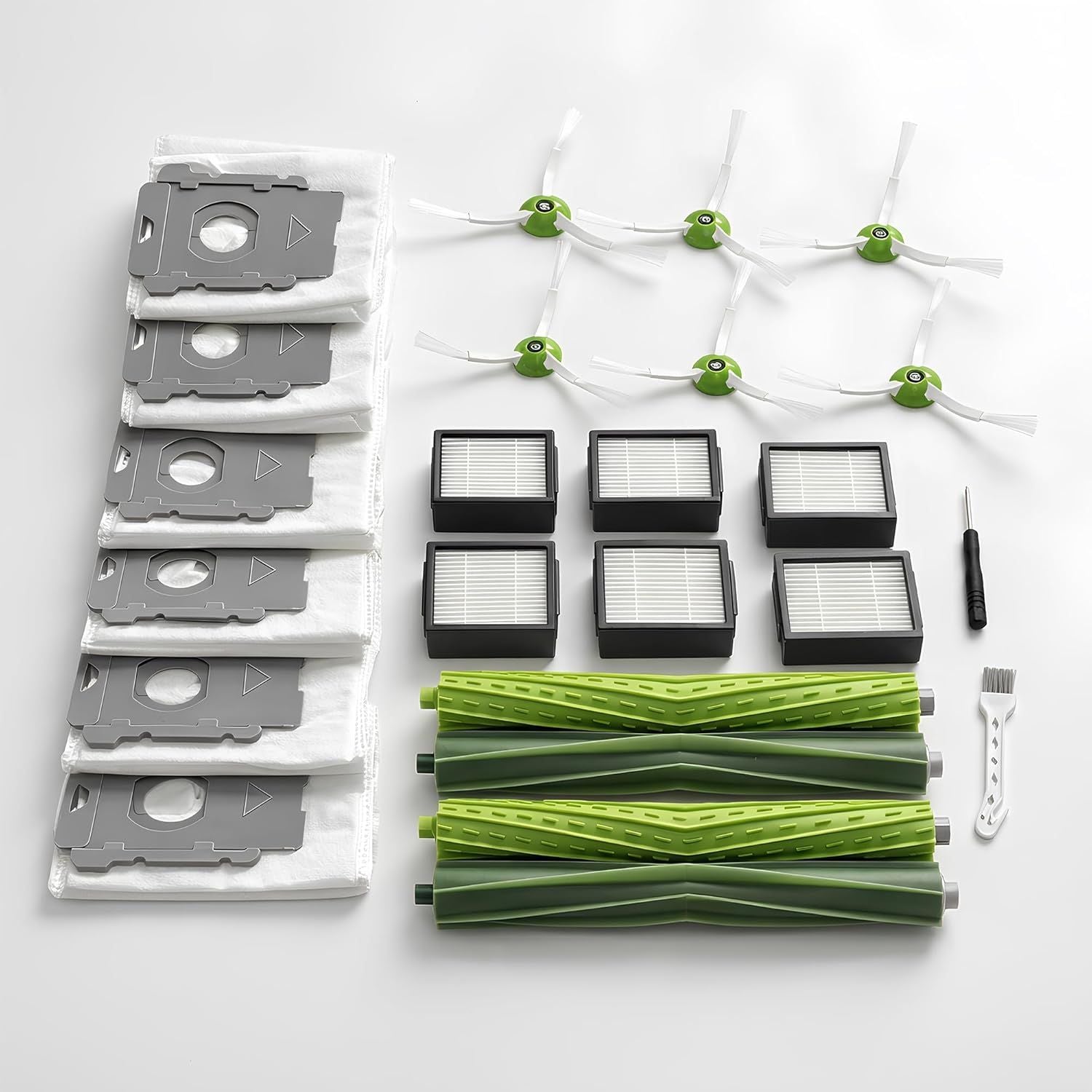 Replacement Parts & Accessories or i-Robot E, I & J Series, Combo i5, j5 Series Robot Vacuum, 2 Dual Multi-Surace Rubber Brushes & 6 HEPA ilter & 6 Edge-Sweeping Brushes & 6 Disposable Bags