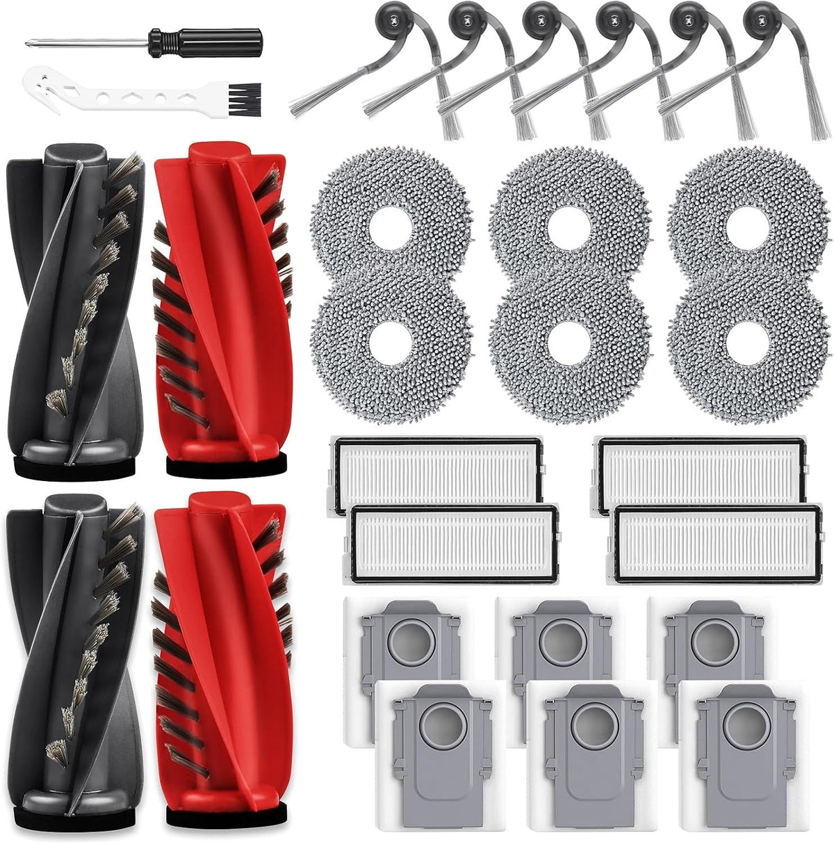 28 Pack Replacement Accessories or  Qrevo Curv/Curv S5X/Qrevo Edge/Edge S5A/Qrevo S5V Robot Vacuum, 2 Pairs Mainbrush 4 ilter 6 Dust Bags 6 Mop Pad 6 Sidebrush 1 Cleaning Brush 1 Screwdriver